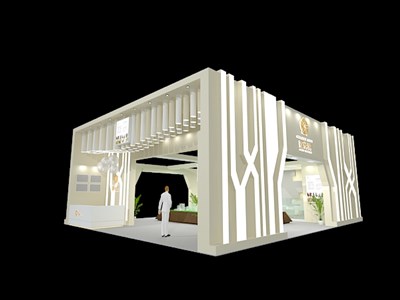 120平米展臺設(shè)計制作：三面開口/現(xiàn)代/木質(zhì)結(jié)構(gòu)/白色，為房產(chǎn)展展商而作（免費(fèi)使用）