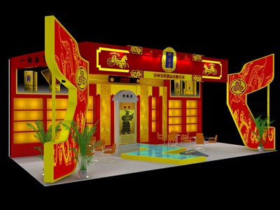 72平米展臺設計制作：三面開口/中式/木質結構/紅色，為糖酒展展商而作（免費使用）