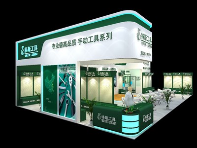 135平米展臺設(shè)計制作：三面開口/現(xiàn)代/木質(zhì)結(jié)構(gòu)/綠色，為工具展展商而作（免費使用）