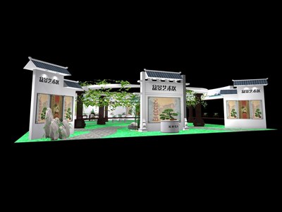 480平米展臺設計制作：三面開口/中式/木質(zhì)結構/灰色，為工藝品展展商而作（免費使用）