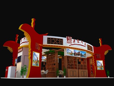 72平米展臺設計制作：四面開口/中式/木質(zhì)結(jié)構/紅色，為旅游展展商而作（免費使用）