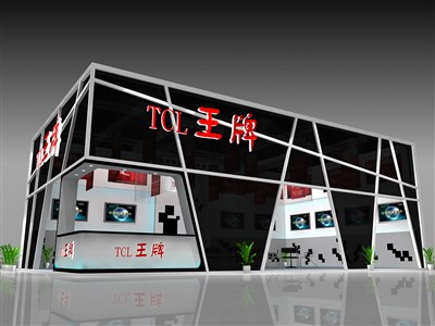 135平米展臺設(shè)計制作：二面開口/現(xiàn)代/型材結(jié)構(gòu)/黑色，為家電展展商而作（免費使用）