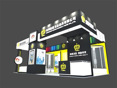 32平米展臺設(shè)計(jì)制作：三面開口/現(xiàn)代/木質(zhì)結(jié)構(gòu)/黑色，為衛(wèi)浴展展商而作（免費(fèi)使用）