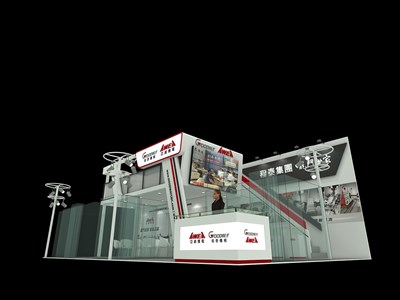 96平米展臺設(shè)計制作：二面開口/現(xiàn)代/木質(zhì)結(jié)構(gòu)/灰色，為機(jī)械展展商而作（免費(fèi)使用）