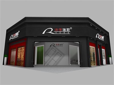 120平米展臺(tái)設(shè)計(jì)制作：一面開口/現(xiàn)代/木質(zhì)結(jié)構(gòu)/黑色，為建材展展商而作（免費(fèi)使用）