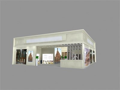 144平米展臺(tái)設(shè)計(jì)制作：二面開口/歐式/木質(zhì)結(jié)構(gòu)/灰色，為建材展展商而作（免費(fèi)使用）