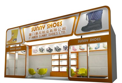 27平米展臺設(shè)計制作：一面開口/現(xiàn)代/木質(zhì)結(jié)構(gòu)/橙色，為鞋箱包展展商而作（免費使用）