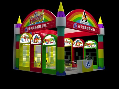 36平米展臺設(shè)計制作：一面開口/卡通/木質(zhì)結(jié)構(gòu)/彩色，為玩具展展商而作（免費使用）