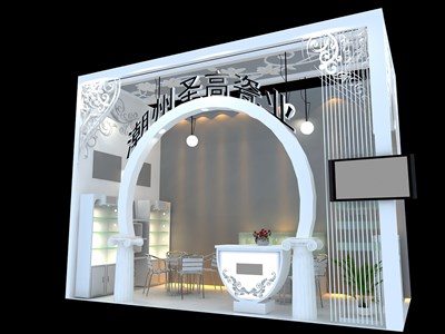 18平米展臺設(shè)計制作：一面開口/現(xiàn)代/木質(zhì)結(jié)構(gòu)/白色，為日用品展展商而作（免費使用）