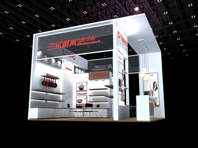 36平米展臺(tái)設(shè)計(jì)制作：二面開口/現(xiàn)代/木質(zhì)結(jié)構(gòu)/白色，為日用品展展商而作（免費(fèi)使用）