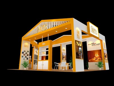60平米展臺設(shè)計制作：四面開口/現(xiàn)代/木質(zhì)結(jié)構(gòu)/黃色，為綜合展展商而作（免費(fèi)使用）