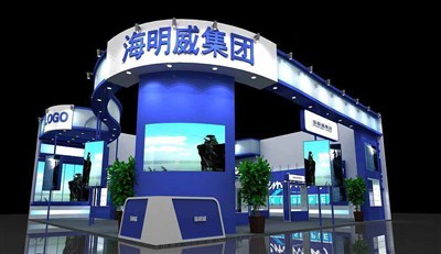 144平米展臺設計制作：二面開口/現代/木質結構/藍色，為釣具展展商而作（免費使用）