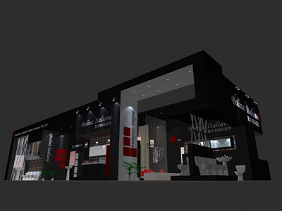 184平米展臺(tái)設(shè)計(jì)制作：二面開口/現(xiàn)代/木質(zhì)結(jié)構(gòu)/黑色，為衛(wèi)浴展展商而作（免費(fèi)使用）