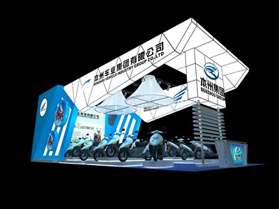 72平米展臺(tái)設(shè)計(jì)制作：三面開口/前衛(wèi)/型材結(jié)構(gòu)/藍(lán)色，為單/摩托車展商而作（免費(fèi)使用）