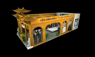 84平米展臺設(shè)計(jì)制作：三面開口/中式/木質(zhì)結(jié)構(gòu)/黃色，為服裝展展商而作（免費(fèi)使用）