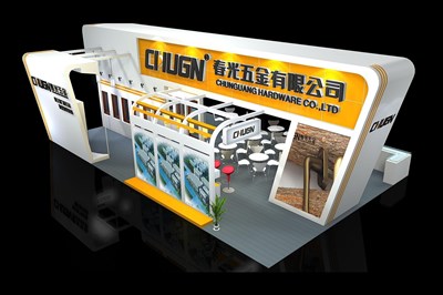 108平米展臺設(shè)計制作：四面開口/現(xiàn)代/木質(zhì)結(jié)構(gòu)/黃色，為五金展展商而作（免費使用）