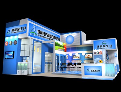 85平米展臺設(shè)計(jì)制作：一面開口/現(xiàn)代/木質(zhì)結(jié)構(gòu)/藍(lán)色，為食品展展商而作（免費(fèi)使用）