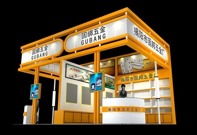 36平米展臺(tái)設(shè)計(jì)制作：三面開口/現(xiàn)代/木質(zhì)結(jié)構(gòu)/橙色，為五金展展商而作（免費(fèi)使用）