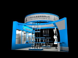36平米展臺(tái)設(shè)計(jì)制作：二面開(kāi)口/現(xiàn)代/木質(zhì)結(jié)構(gòu)/藍(lán)色，為玩具展展商而作（免費(fèi)使用）