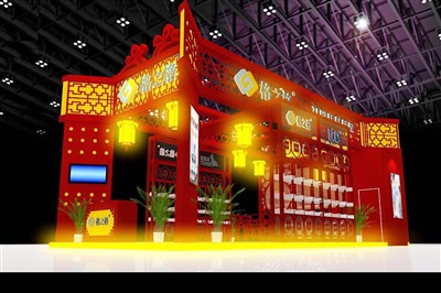 72平米展臺(tái)設(shè)計(jì)制作：三面開(kāi)口/中式/木質(zhì)結(jié)構(gòu)/紅色，為五金展展商而作（免費(fèi)使用）