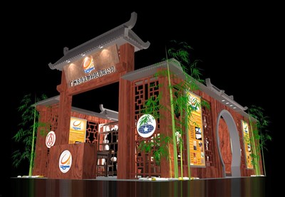 54平米展臺設(shè)計(jì)制作：三面開口/中式/木質(zhì)結(jié)構(gòu)/咖啡色，為玩具展展商而作（免費(fèi)使用）