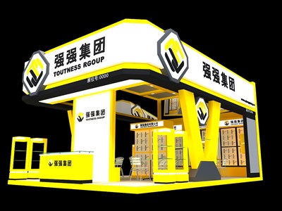 54平米展臺(tái)設(shè)計(jì)制作：三面開(kāi)口/現(xiàn)代/木質(zhì)結(jié)構(gòu)/黃色，為五金展展商而作（免費(fèi)使用）