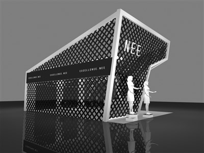 54平米展臺設(shè)計(jì)制作：二面開口/現(xiàn)代/木質(zhì)結(jié)構(gòu)/黑色，為服裝展展商而作（免費(fèi)使用）