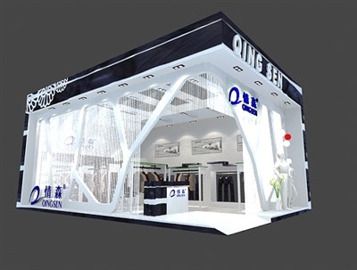 54平米展臺設(shè)計(jì)制作：二面開口/現(xiàn)代/木質(zhì)結(jié)構(gòu)/白色，為服裝展展商而作（免費(fèi)使用）