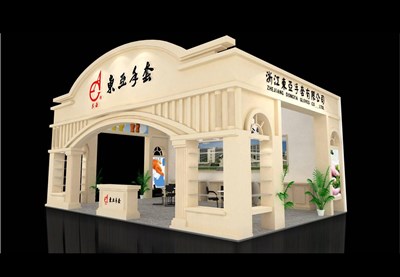 54平米展臺(tái)設(shè)計(jì)制作：三面開(kāi)口/歐式/木質(zhì)結(jié)構(gòu)/米色，為紡織展展商而作（免費(fèi)使用）
