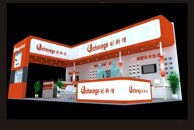 72平米展臺設(shè)計制作：三面開口/現(xiàn)代/木質(zhì)結(jié)構(gòu)/橙色，為安防展展商而作（免費使用）