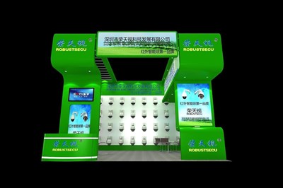 36平米展臺設(shè)計(jì)制作：三面開口/現(xiàn)代/木質(zhì)結(jié)構(gòu)/綠色，為安防展展商而作（免費(fèi)使用）