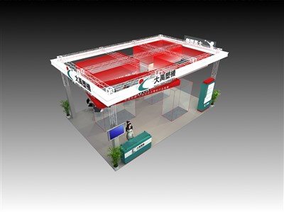 54平米展臺設計制作：四面開口/現(xiàn)代/桁架結構/紅色，為汽配展展商而作（免費使用）
