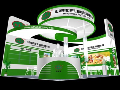 48平米展臺設(shè)計制作：二面開口/現(xiàn)代/木質(zhì)結(jié)構(gòu)/綠色，為食品展展商而作（免費(fèi)使用）