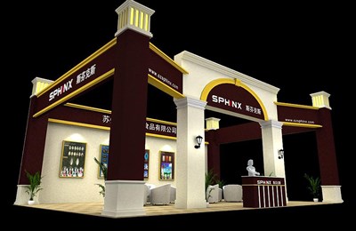 70平米展臺設(shè)計制作：三面開口/歐式/木質(zhì)結(jié)構(gòu)/米色，為食品展展商而作（免費使用）
