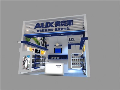 36平米展臺設(shè)計制作：二面開口/現(xiàn)代/木質(zhì)結(jié)構(gòu)/藍(lán)色，為家電展展商而作（免費使用）