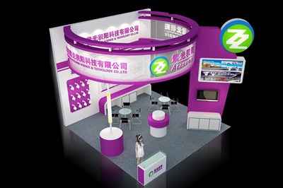 36平米展臺設(shè)計制作：三面開口/現(xiàn)代/木質(zhì)結(jié)構(gòu)/紫色，為安防展展商而作（免費使用）