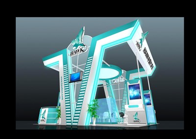 36平米展臺設計制作：三面開口/現(xiàn)代/木質結構/藍色，為家電展展商而作（免費使用）