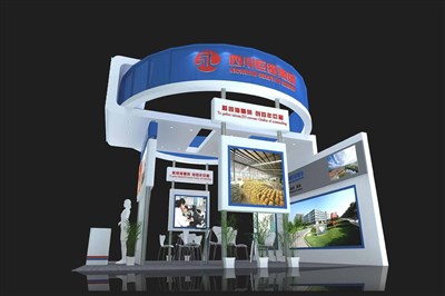 36平米展臺設計制作：三面開口/現(xiàn)代/木質結構/藍色，為食品展展商而作（免費使用）