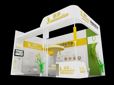 40平米展臺設(shè)計制作：二面開口/現(xiàn)代/木質(zhì)結(jié)構(gòu)/白色，為食品展展商而作（免費(fèi)使用）