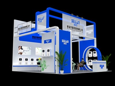 36平米展臺設計制作：三面開口/現(xiàn)代/木質結構/藍色，為家電展展商而作（免費使用）