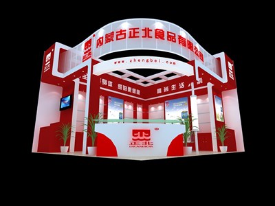 42平米展臺設計制作：二面開口/現(xiàn)代/木質結構/紅色，為食品展展商而作（免費使用）