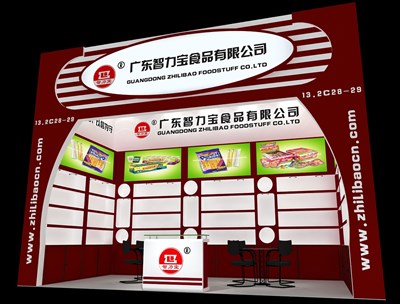 18平米展臺設計制作：一面開口/現(xiàn)代/木質結構/紅色，為食品展展商而作（免費使用）