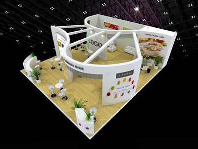 90平米展臺設計制作：三面開口/現(xiàn)代/木質結構/白色，為食品展展商而作（免費使用）