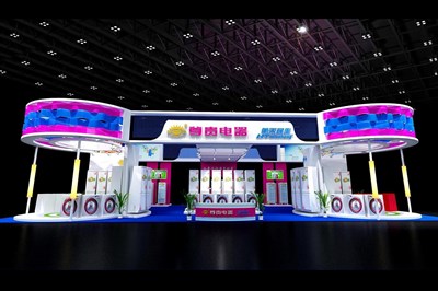 312平米展臺設計制作：四面開口/現(xiàn)代/木質(zhì)結(jié)構(gòu)/彩色，為家電展展商而作（免費使用）
