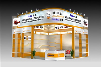 36平米展臺(tái)設(shè)計(jì)制作：二面開口/前衛(wèi)/木質(zhì)結(jié)構(gòu)/黃色，為家電展展商而作（免費(fèi)使用）