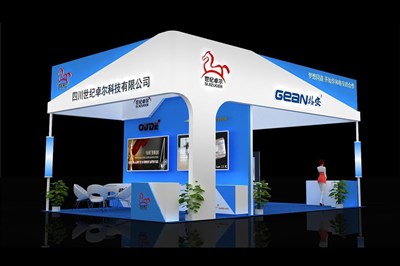 54平米展臺設計制作：四面開口/現代/木質結構/藍色，為機械展展商而作（免費使用）
