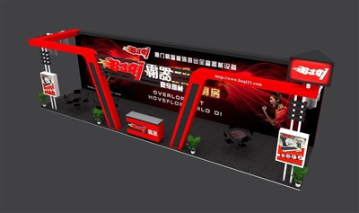 51.8平米展臺設計制作：三面開口/現(xiàn)代/木質(zhì)結構/紅色，為機械展展商而作（免費使用）