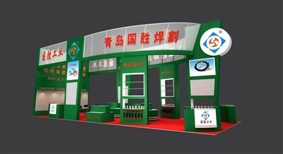 90平米展臺設(shè)計(jì)制作：三面開口/現(xiàn)代/木質(zhì)結(jié)構(gòu)/綠色，為機(jī)械展展商而作（免費(fèi)使用）