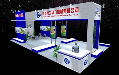 112平米展臺設(shè)計制作：四面開口/現(xiàn)代/木質(zhì)結(jié)構(gòu)/藍色，為機械展展商而作（免費使用）
