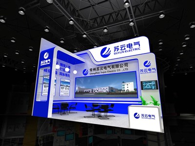 32平米展臺(tái)設(shè)計(jì)制作：二面開口/現(xiàn)代/木質(zhì)結(jié)構(gòu)/藍(lán)色，為機(jī)械展展商而作（免費(fèi)使用）